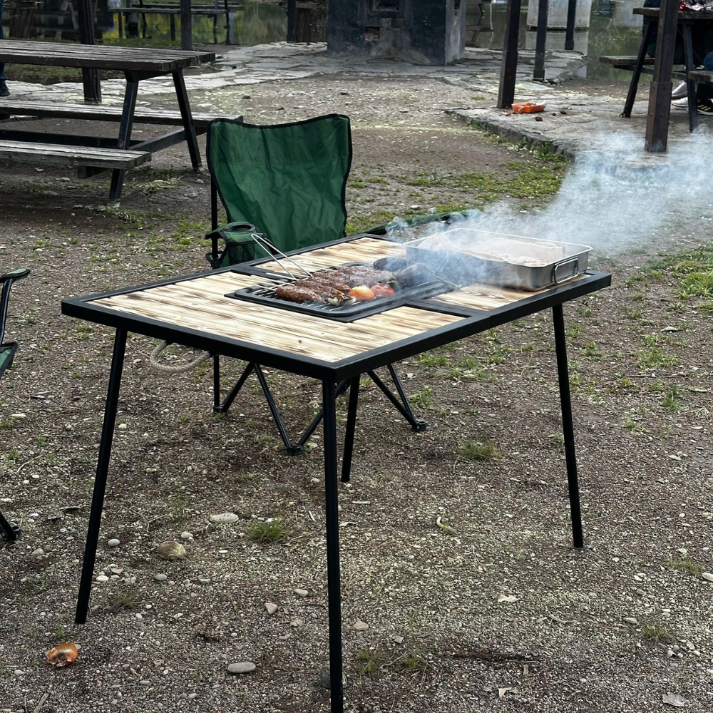 Table barbecue pliante 2-en-1 en bois et métal