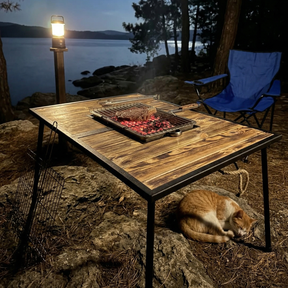 Table barbecue pliante 2-en-1 en bois et métal
