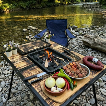 Table barbecue pliante 2-en-1 en bois et métal
