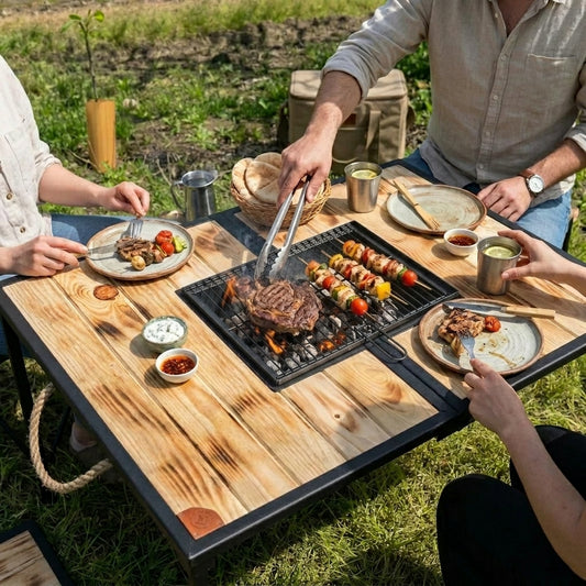 Table barbecue pliante 2-en-1 en bois et métal
