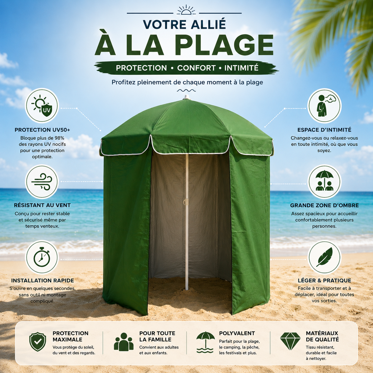 Parasol de plage avec abri intégré